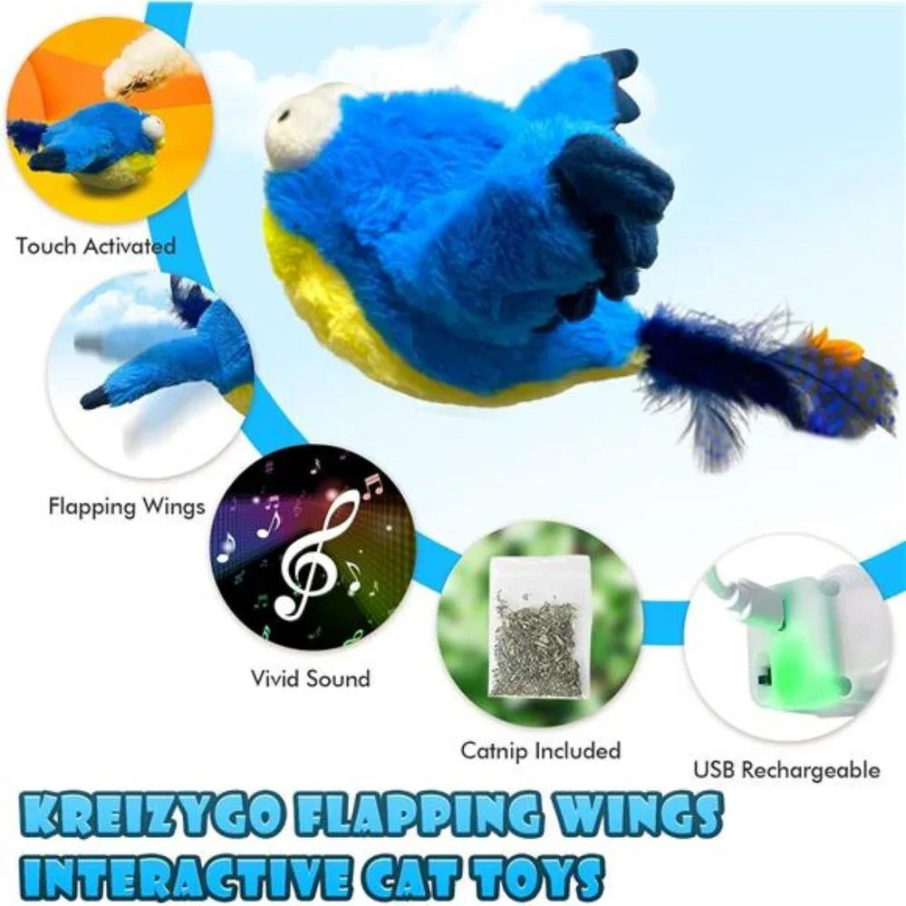 Cat Toys Flapping Wings Blue-Bird No Flying Chirping Bird Interactive Catnip